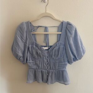 Astr Blue Puff Sleeve Smocked Blouse in Size XSmall